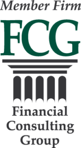 Logo with text: Member Firm FCG Financial Consulting Group, featuring large green FCG letters above a graphic of three columns resembling a classical building.